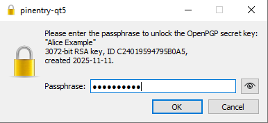 Kleopatra password dialog confirming the addition of the ADSK