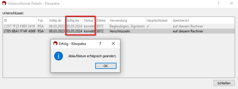 Both subkeys now share the same expiration date.