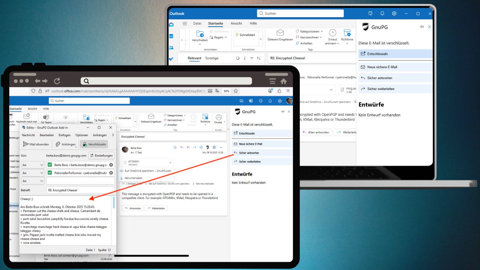 Neue, webbasierte Outlook-Oberfläche mit aktivem GpgOL/Web-Add-in zur E-Mail-Verschlüsselung